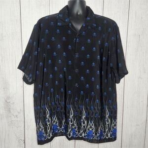 VTG 90s MT:2 Black & Blue Skull & Crossbones with Flames Button Down, size XL